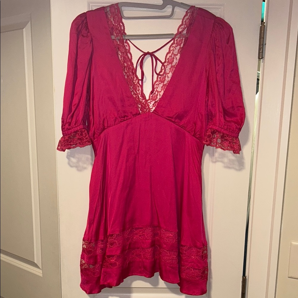 Olivaceous Pink Satin Dress with Lace Trim